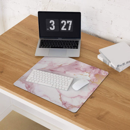 Elegant pink marble gaming mouse pad with gold veins, large non-slip