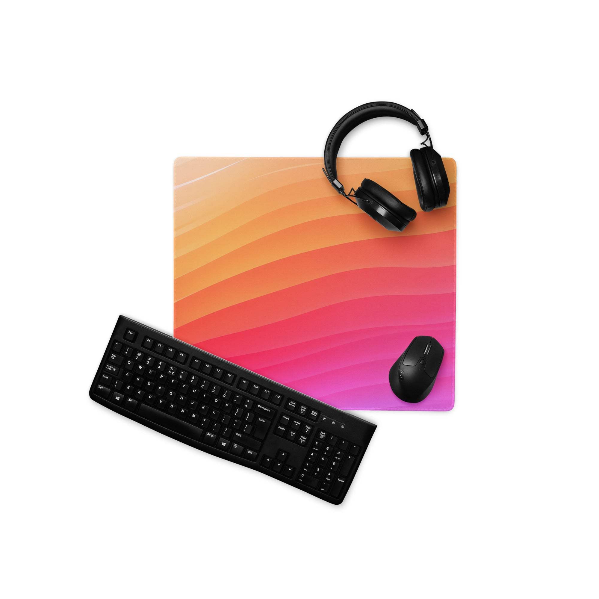 Vibrant sunset gradient large gaming mousepad with keyboard, mouse, non-slip bottom