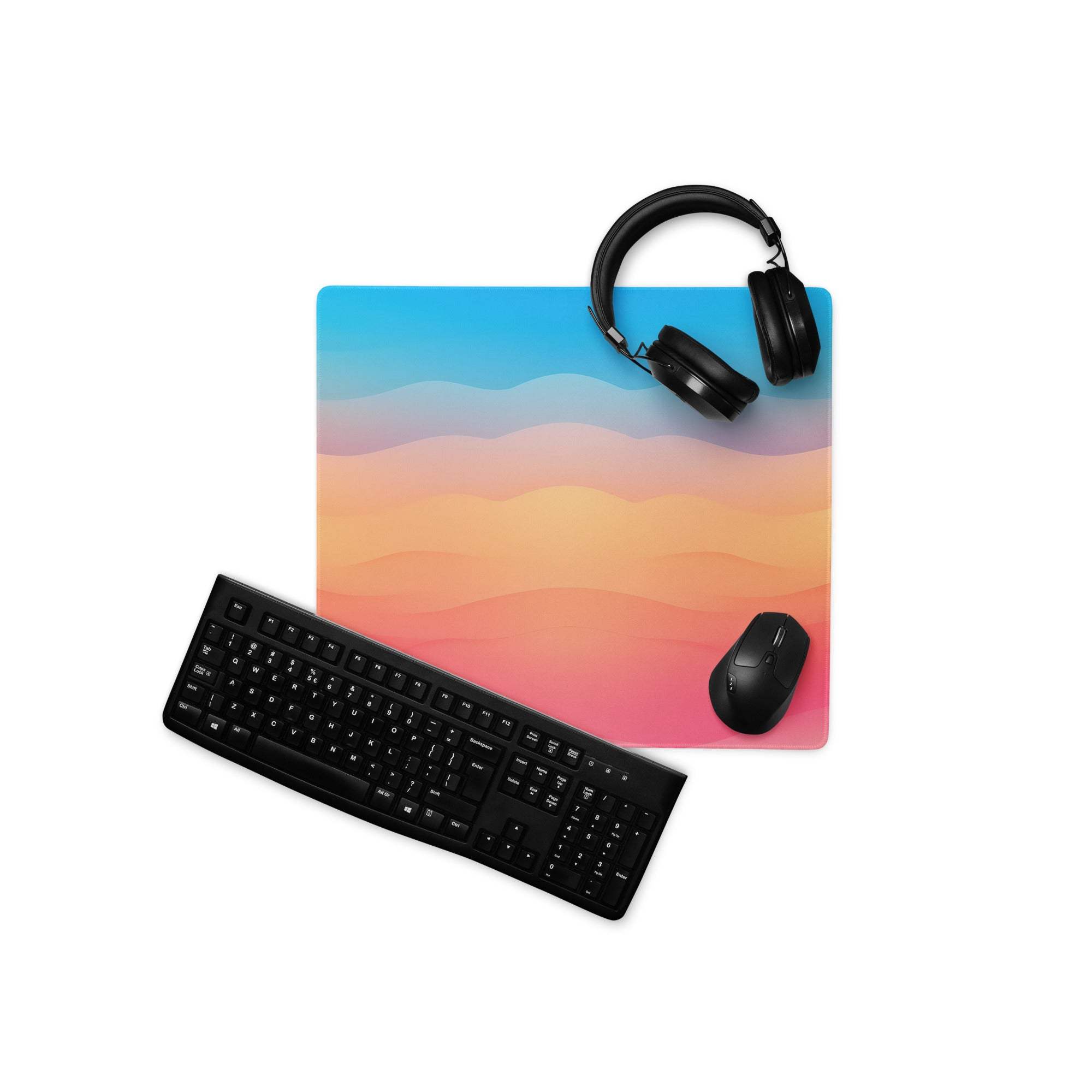 Vibrant sunset gradient waves gaming mouse pad with blue-to-pink design