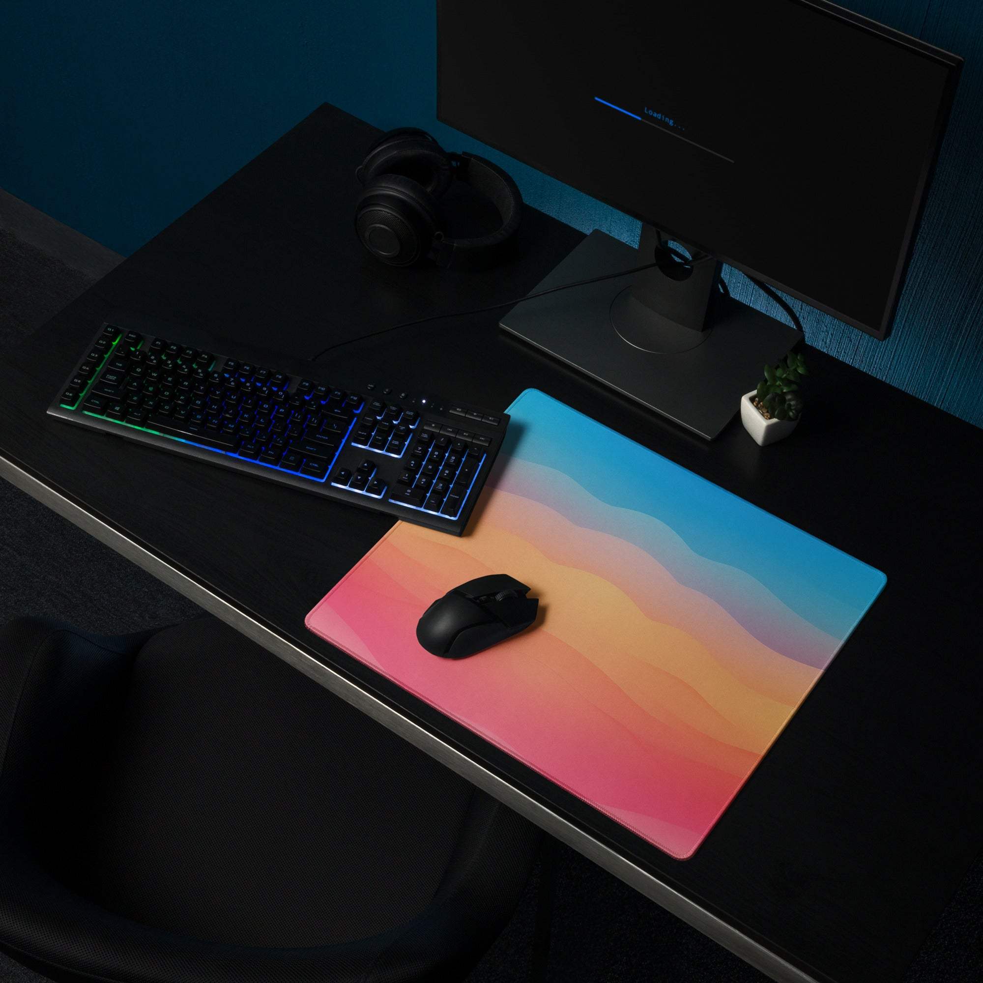 Vibrant sunset gradient waves gaming mouse pad with pink to orange blue design