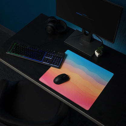 Vibrant sunset gradient waves gaming mouse pad with pink to orange blue design