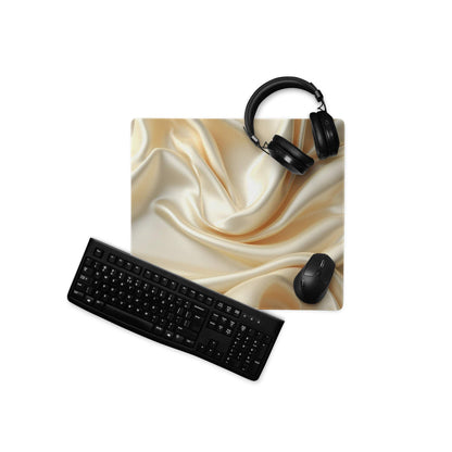 Elegant satin gold gaming mouse pad with keyboard and headphones