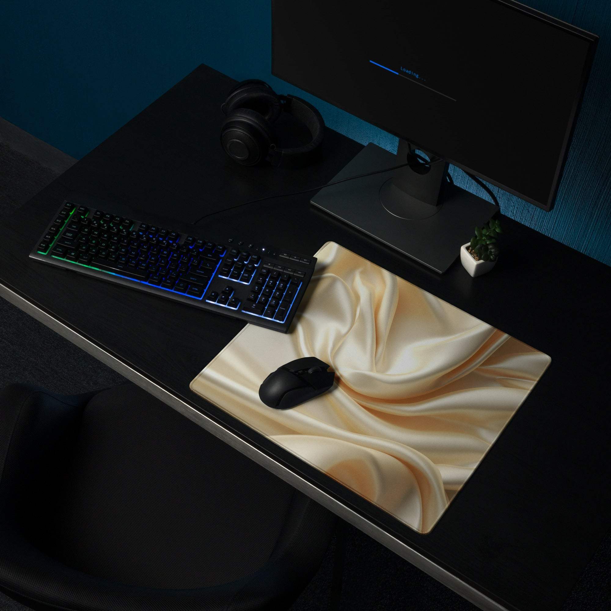 Elegant satin gold gaming mouse pad with cream flowing fabric design