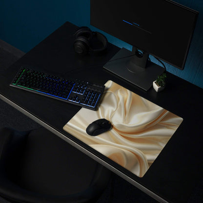Elegant satin gold gaming mouse pad with cream flowing fabric design