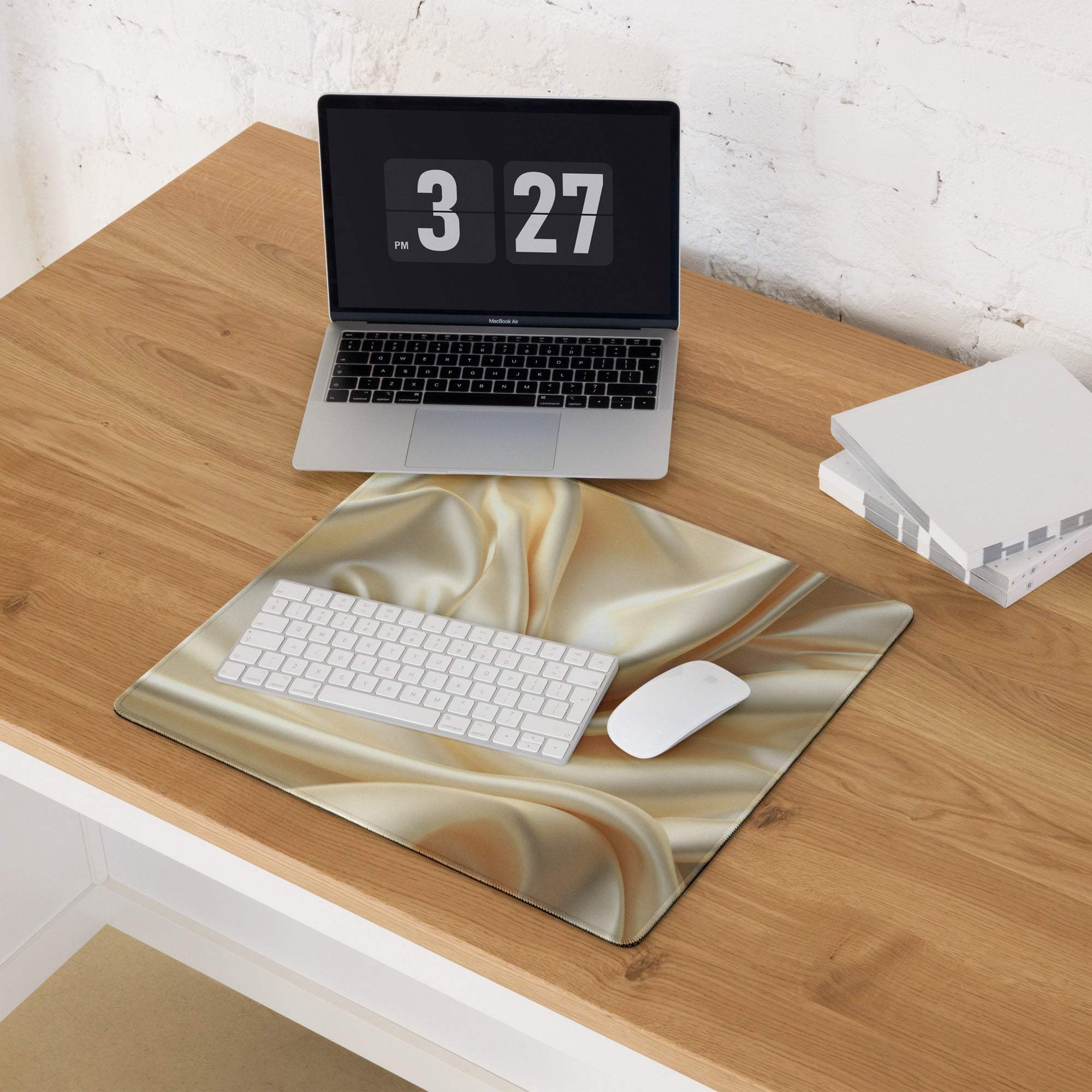 Gold satin textured gaming mouse pad with non-slip backing and stitched edges