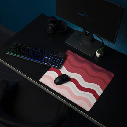 Vibrant crimson rose wave gaming mouse pad with bacon pattern and non-slip base