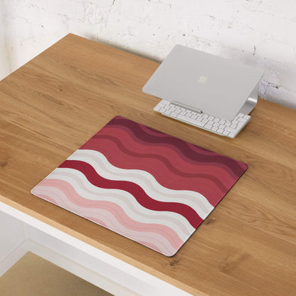 Vibrant crimson rose wave gaming mouse pad with red pink white stripes