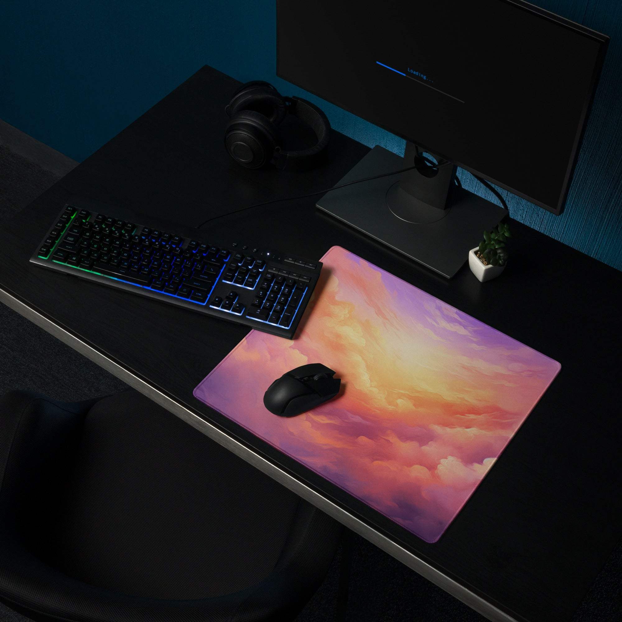 Dreamy sunrise cloudscape ultra large gaming mouse pad with pastel sunset sky