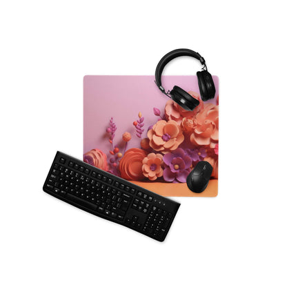 Pink floral gaming mousepad with black headphones and keyboard