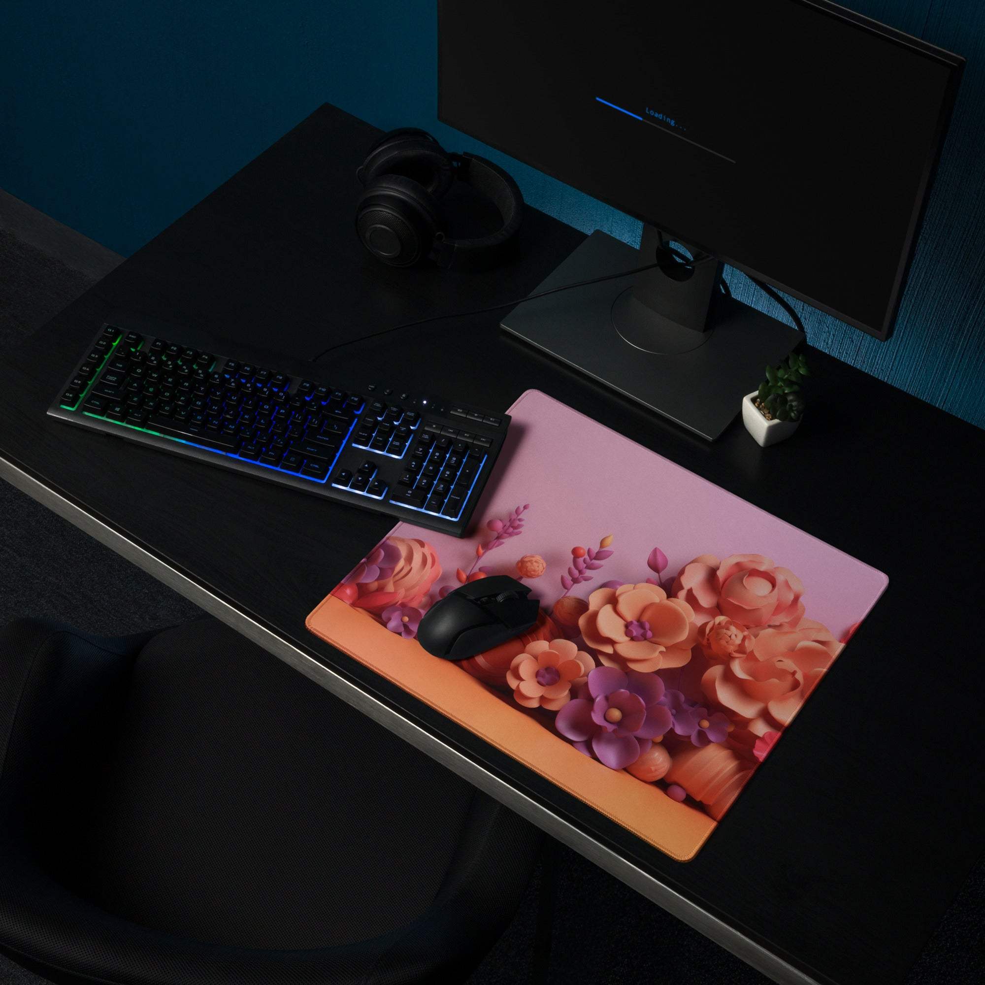 Pink floral gradient gaming mouse pad with orange purple blossoms, non-slip surface