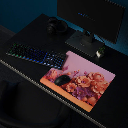 Pink floral gradient gaming mouse pad with orange purple blossoms, non-slip surface