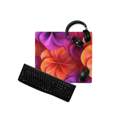 Vibrant abstract floral orange purple gaming mouse pad with large size, edge stitching, non-slip base