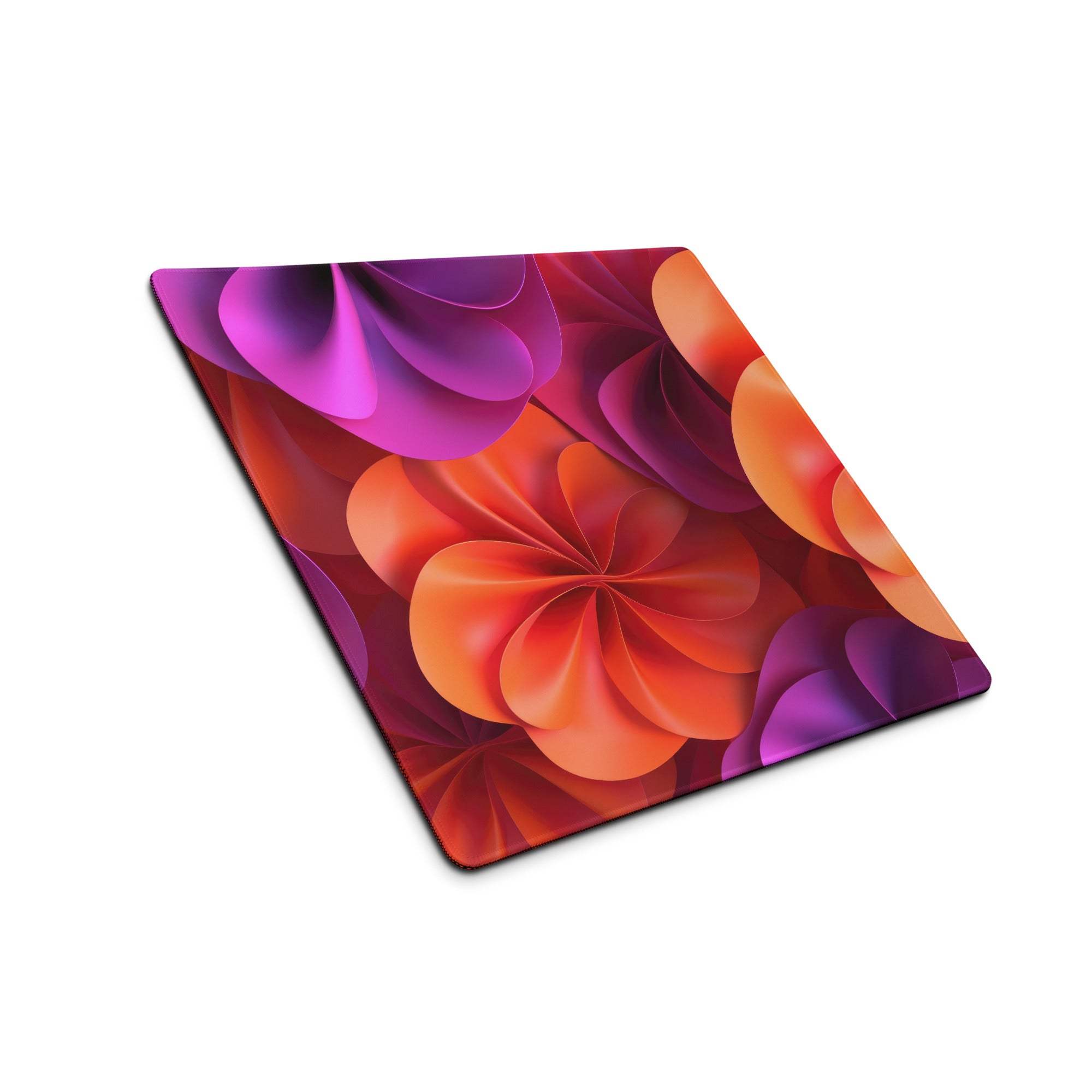 Vibrant abstract floral gaming mouse pad in purple magenta orange with stitching non-slip base