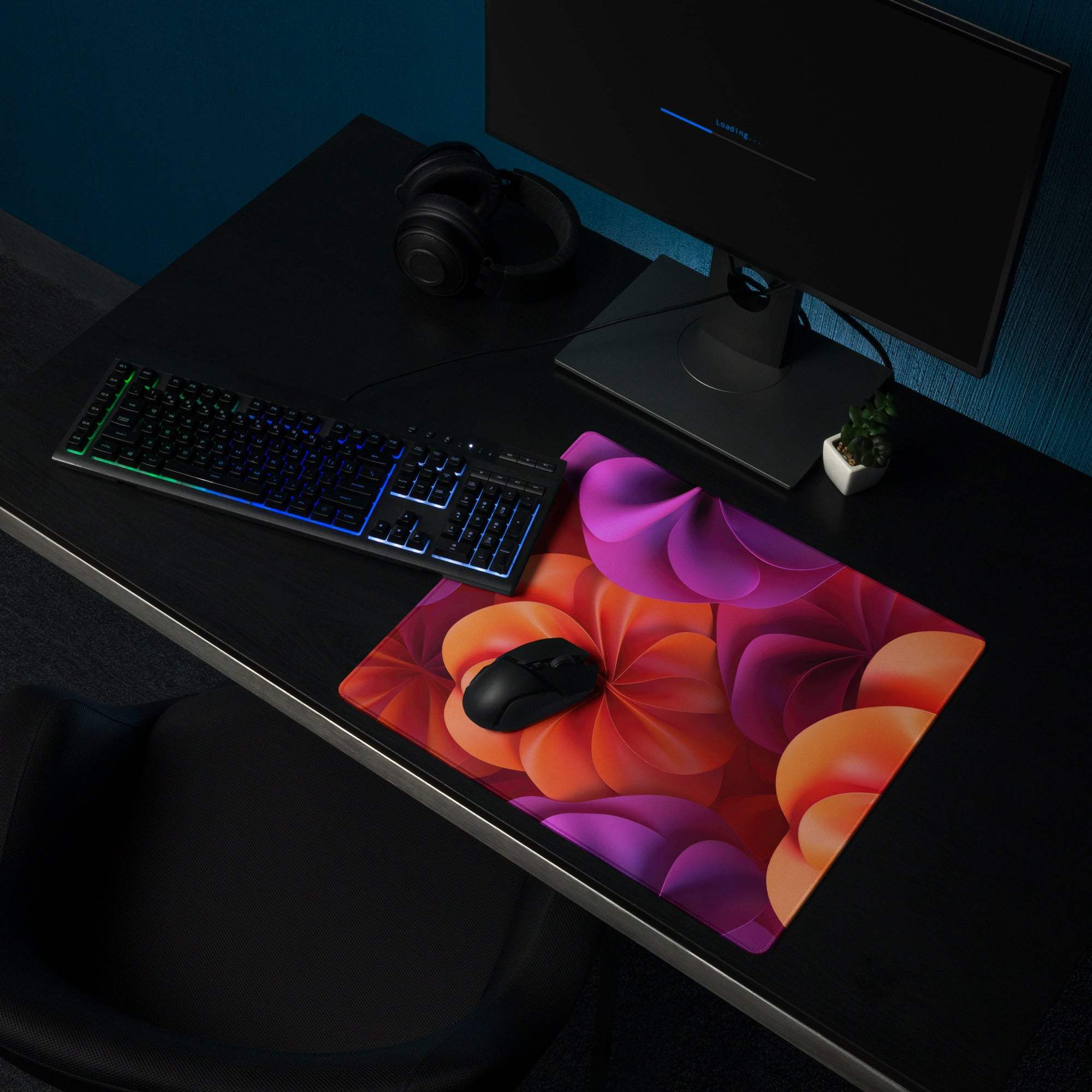 Vibrant abstract floral orange purple gaming mouse pad with large size, edge stitching, non-slip base