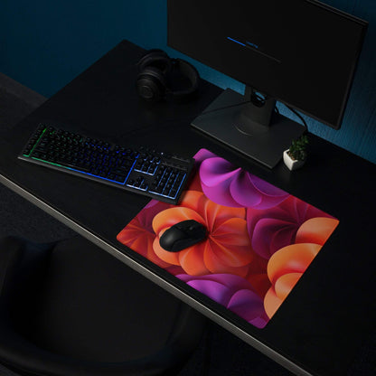 Vibrant abstract floral orange purple gaming mouse pad with large size, edge stitching, non-slip base