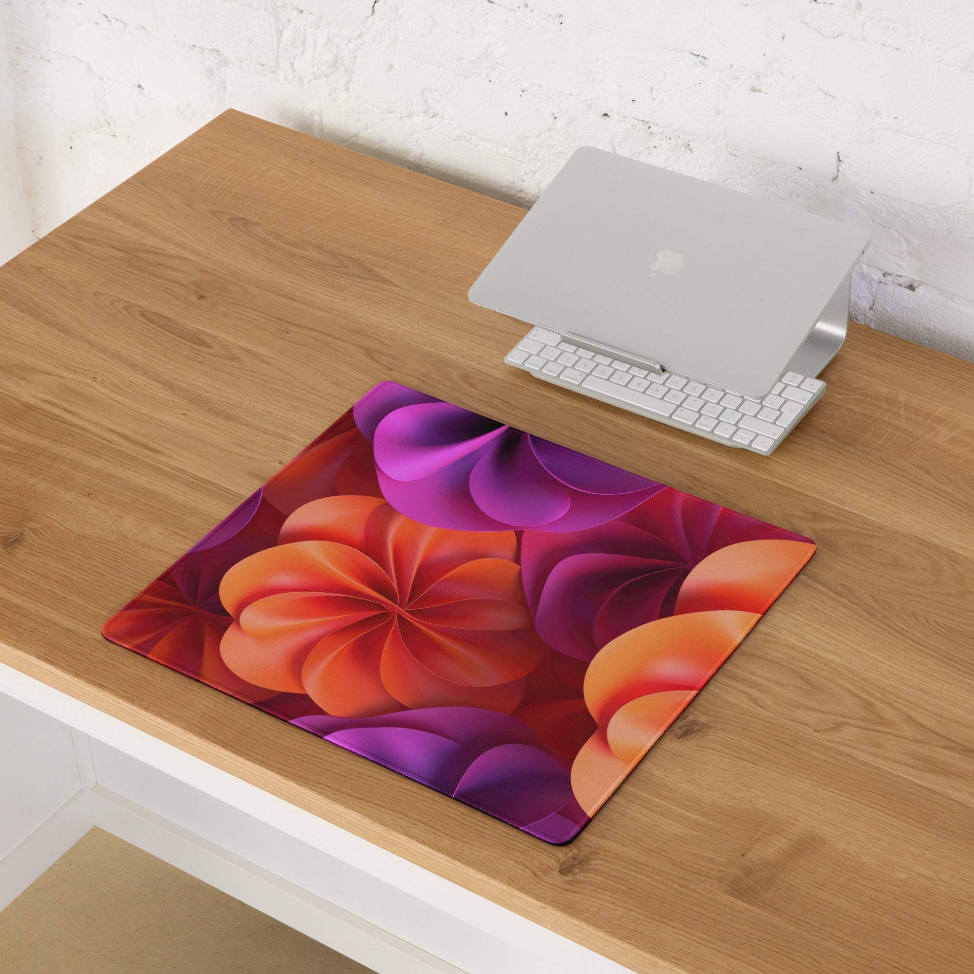 Vibrant abstract floral orange purple gaming mouse pad with edge stitching