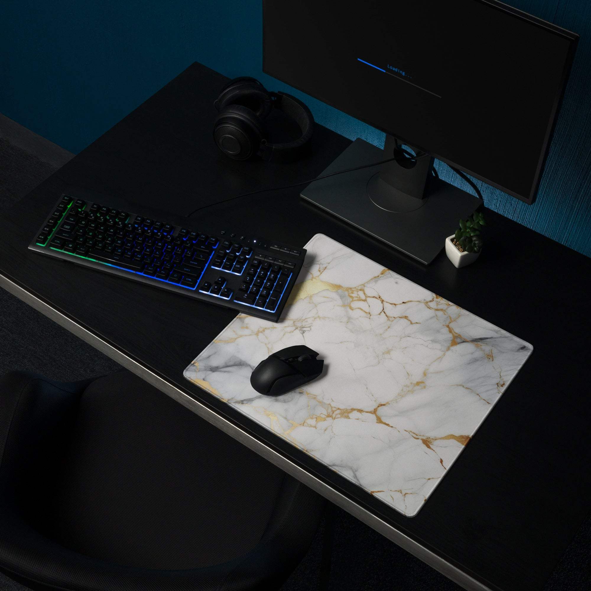 White gold marble gaming mouse pad with black wireless mouse