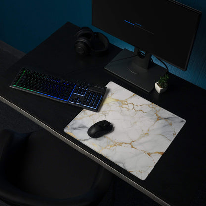 White gold marble gaming mouse pad with black wireless mouse