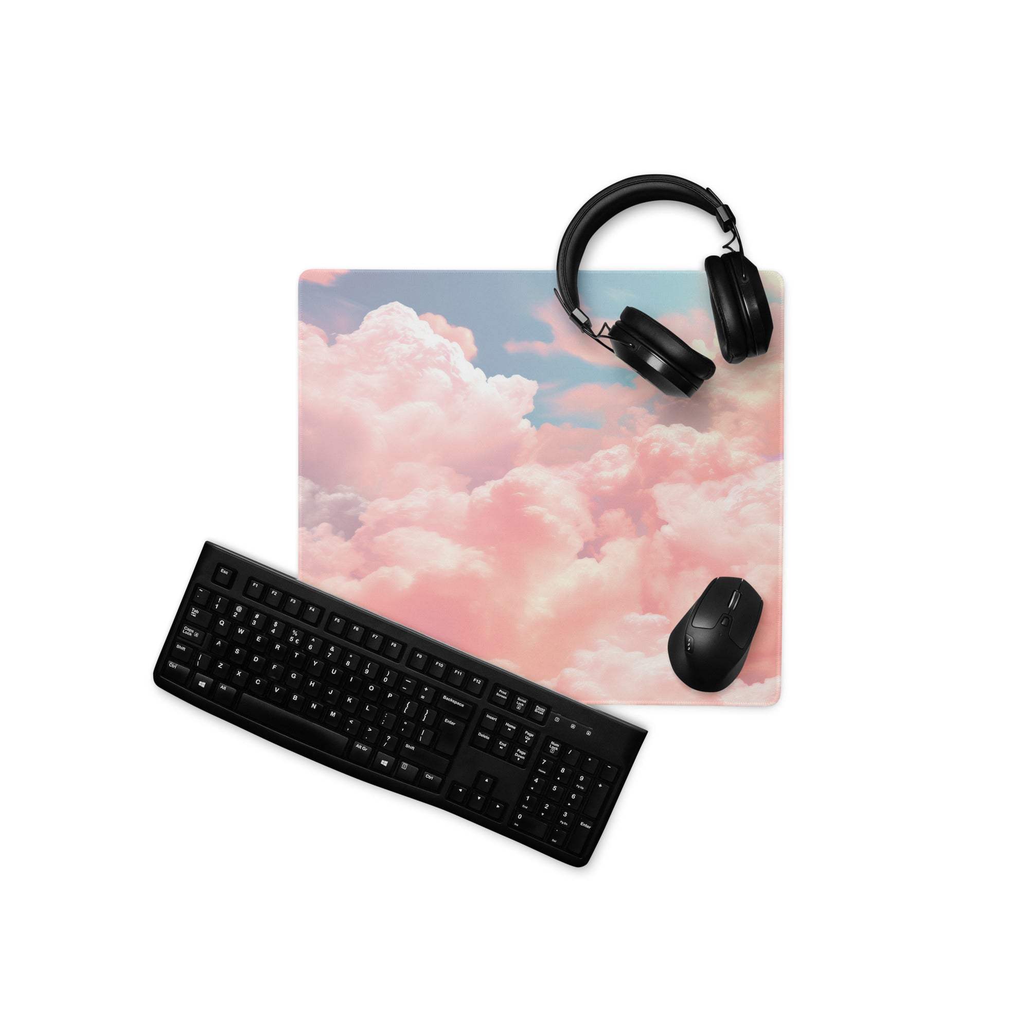 Dreamy pink cloud gaming mousepad with keyboard and headphones