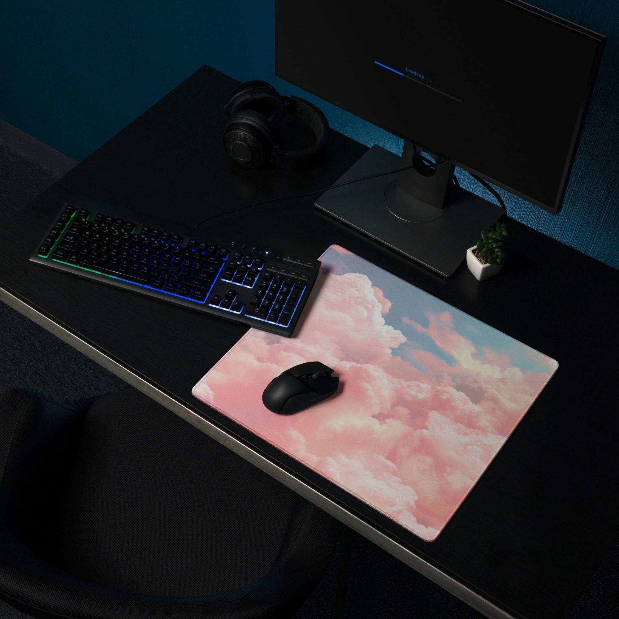 Pink blue cloud gaming mouse pad with black wireless mouse