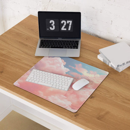 Pink and blue cloud gaming mouse pad with smooth surface, stitched edges, non-slip base