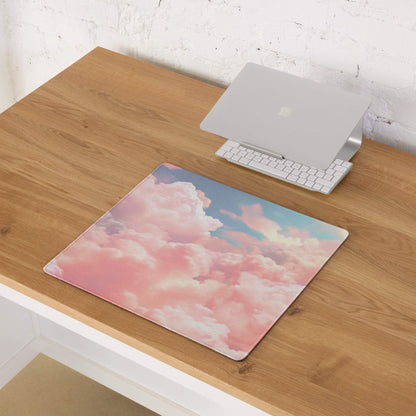 Dreamy pink cloud gaming mouse pad with pastel sky, clouds, stitched edges, non-slip base