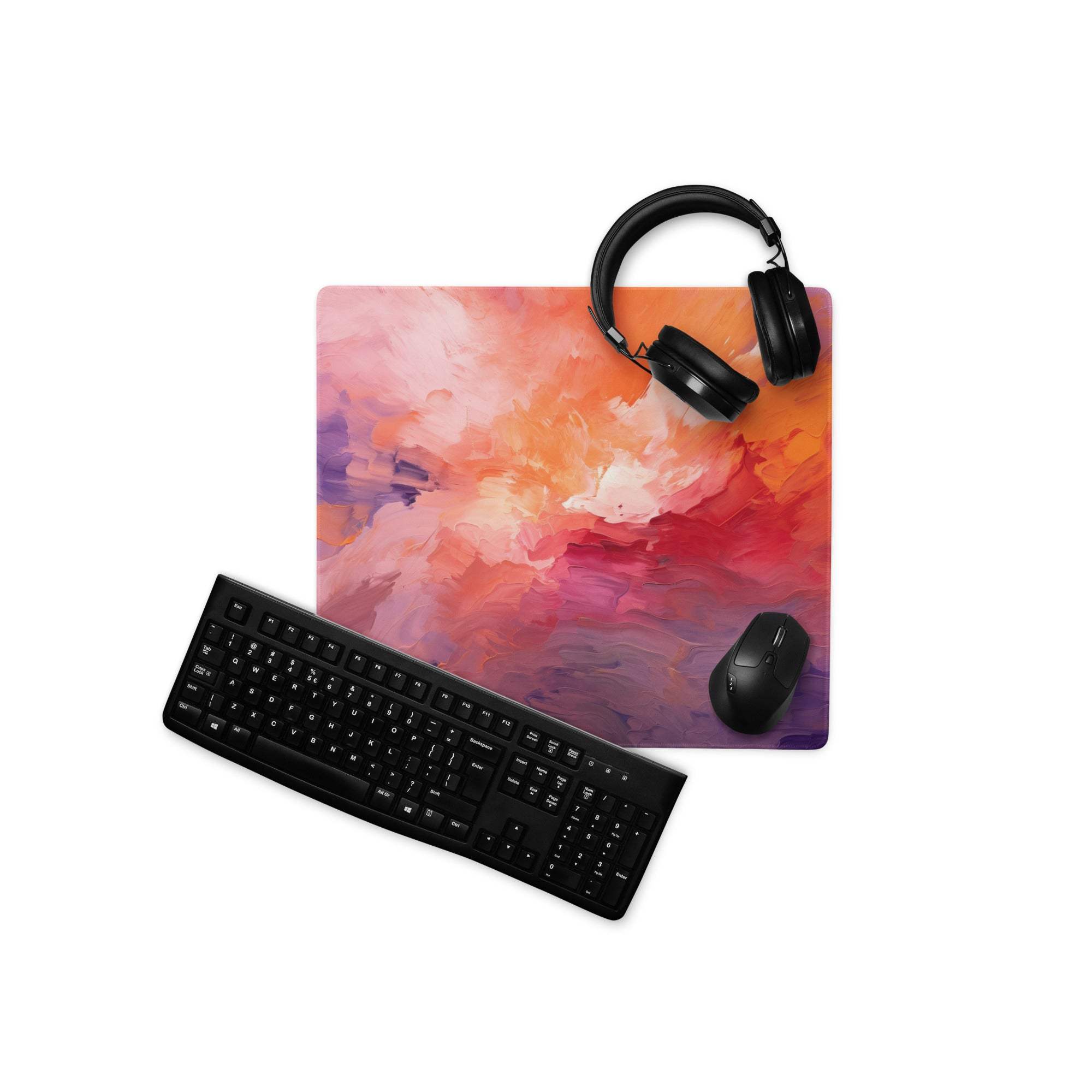 Vibrant abstract sunset gaming mouse pad with orange pink purple hues non-slip backing