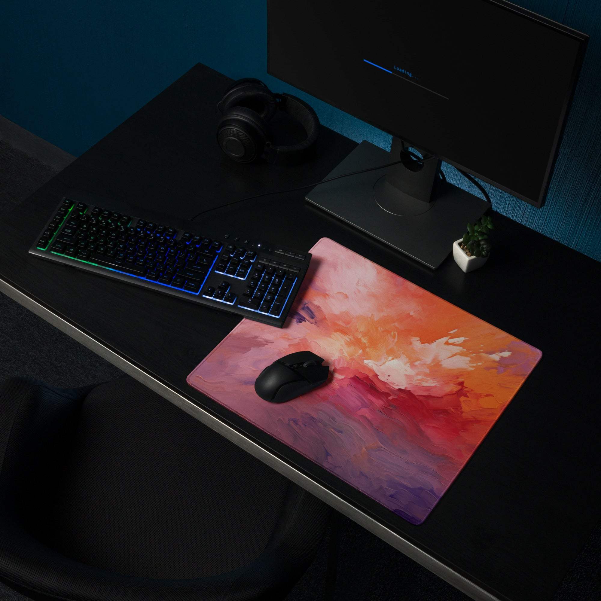 Vibrant abstract sunset gaming mouse pad with pink-orange-purple gradient, non-slip backing