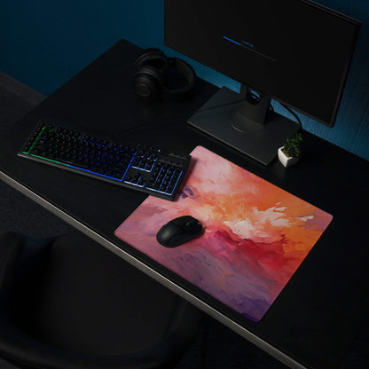 Vibrant abstract sunset gaming mouse pad with pink-orange-purple gradient, non-slip backing