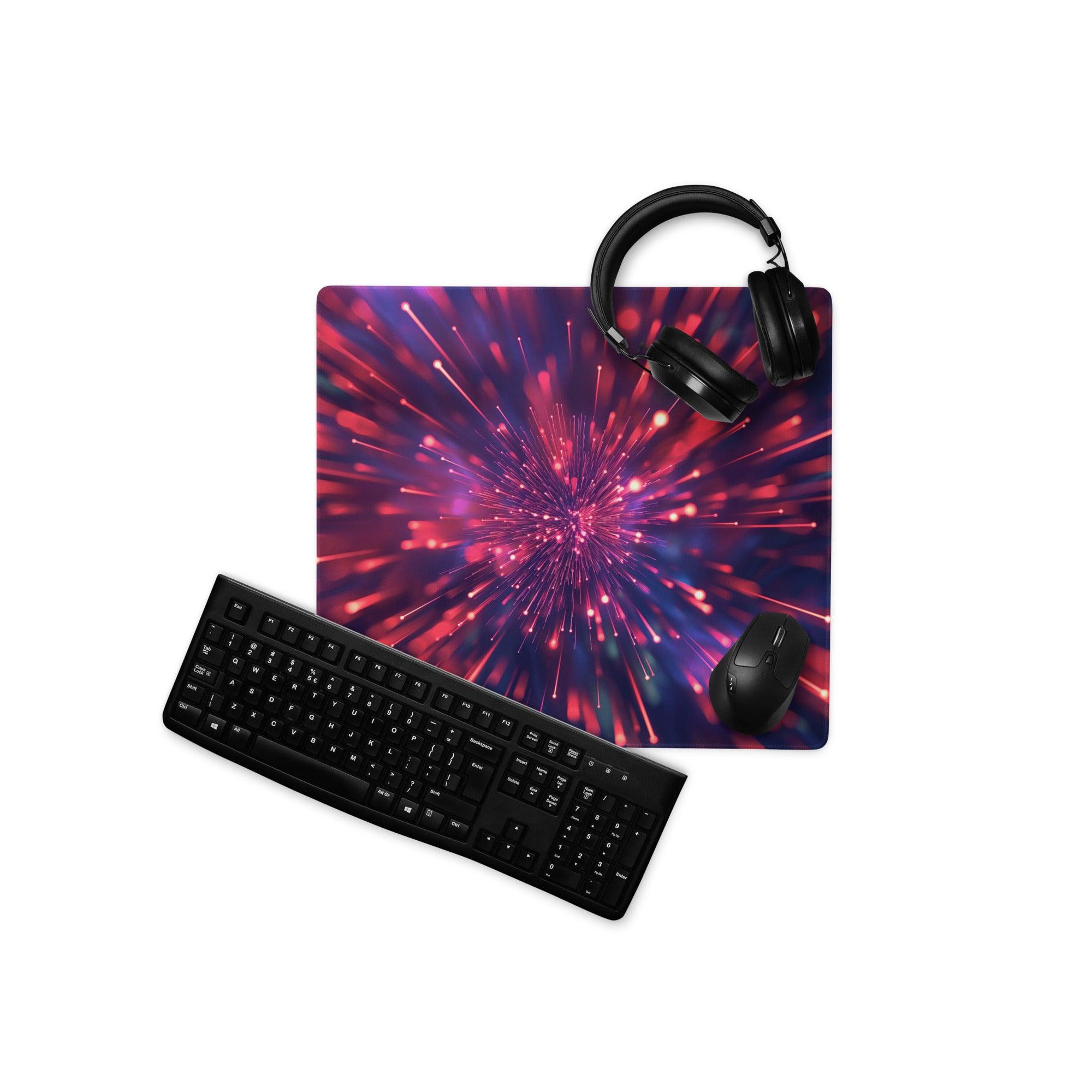 Cosmic burst neon red purple gaming mousepad with black keyboard headphones