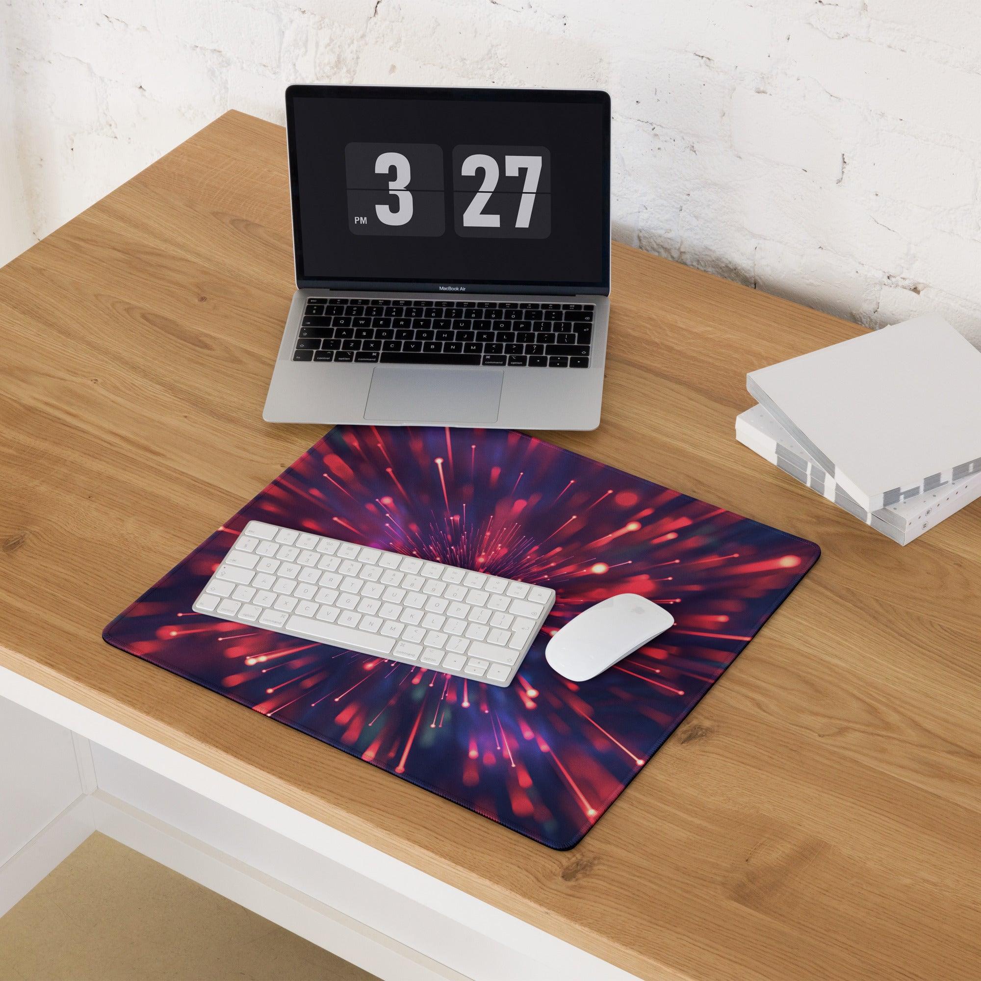 Vibrant Cosmic Burst neon red purple fireworks gaming mouse pad