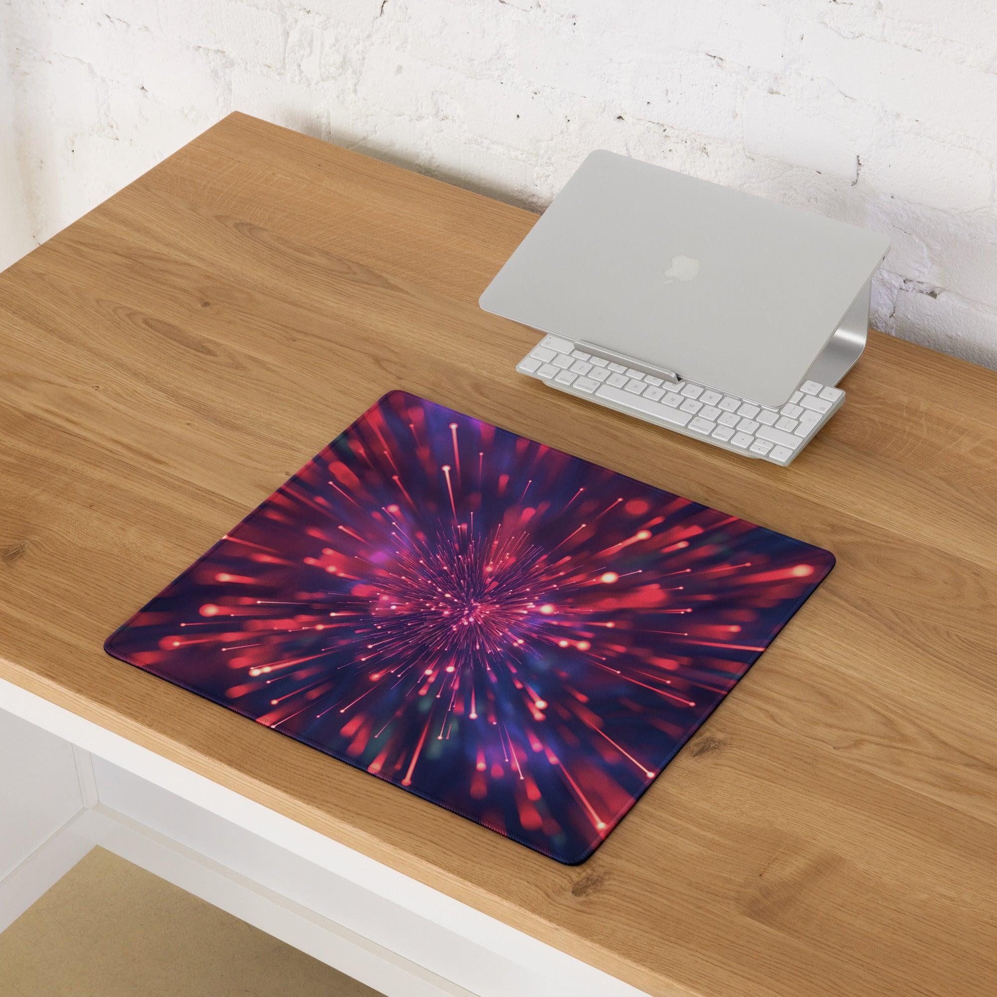 Cosmic Burst neon red purple fireworks gaming mouse pad