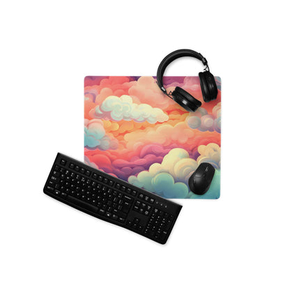 Dreamy cloudscape gaming mouse pad with vibrant sunrise rainbow hues