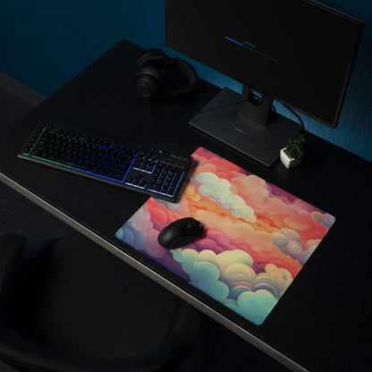 Dreamy cloudscape gaming mouse pad with vibrant pink orange teal sunrise gradient