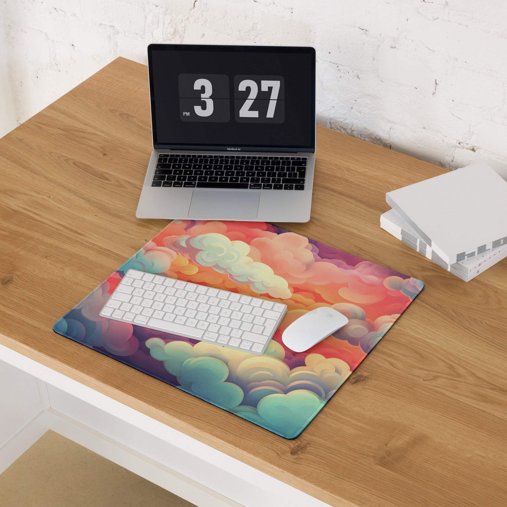 Dreamy Cloudscape gaming mouse pad with vibrant rainbow sunrise clouds