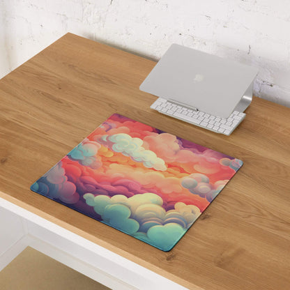 Dreamy cloudscape gaming mouse pad with vibrant sunrise rainbow hues