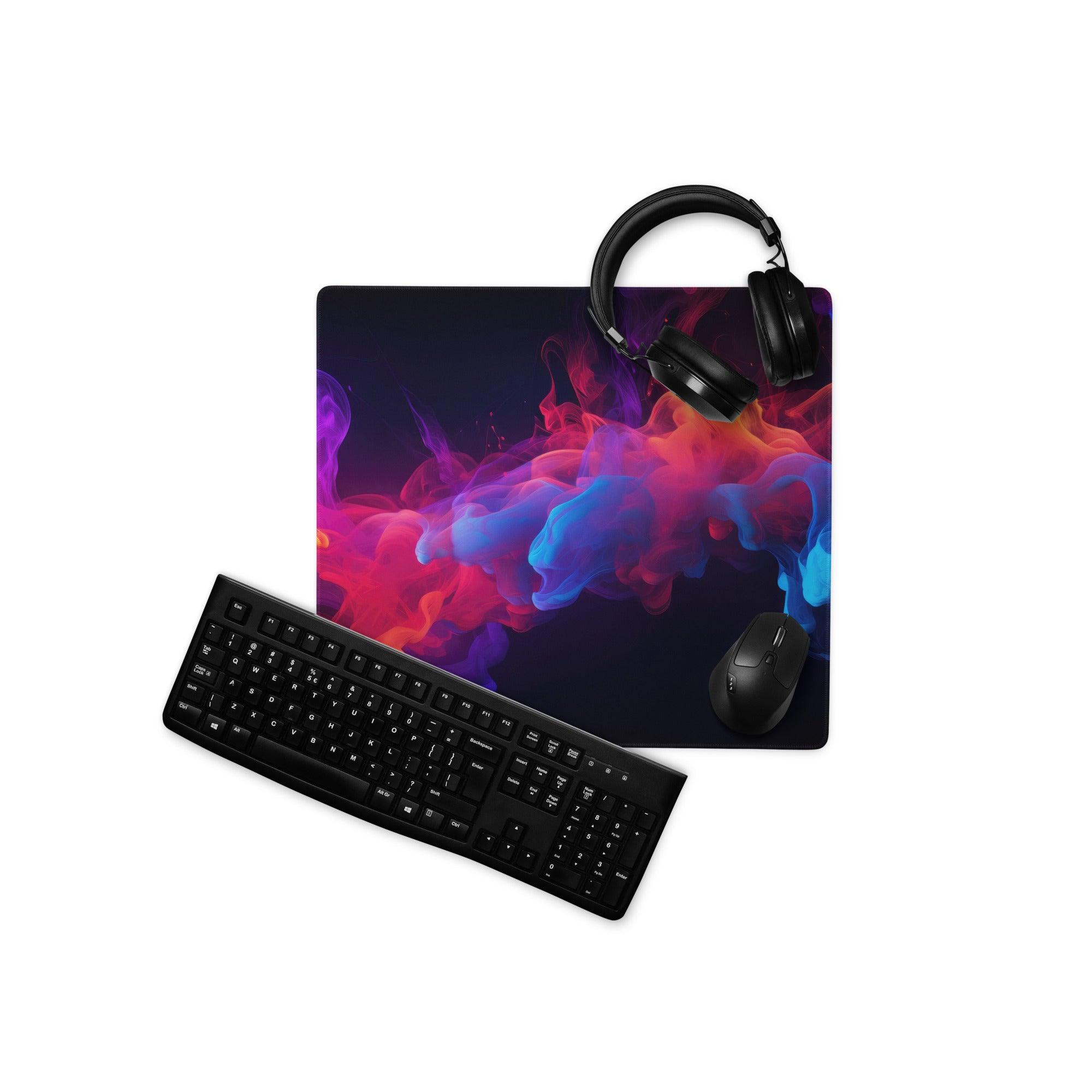 Vibrant nebula rainbow swirl gaming mousepad with headphones and keyboard