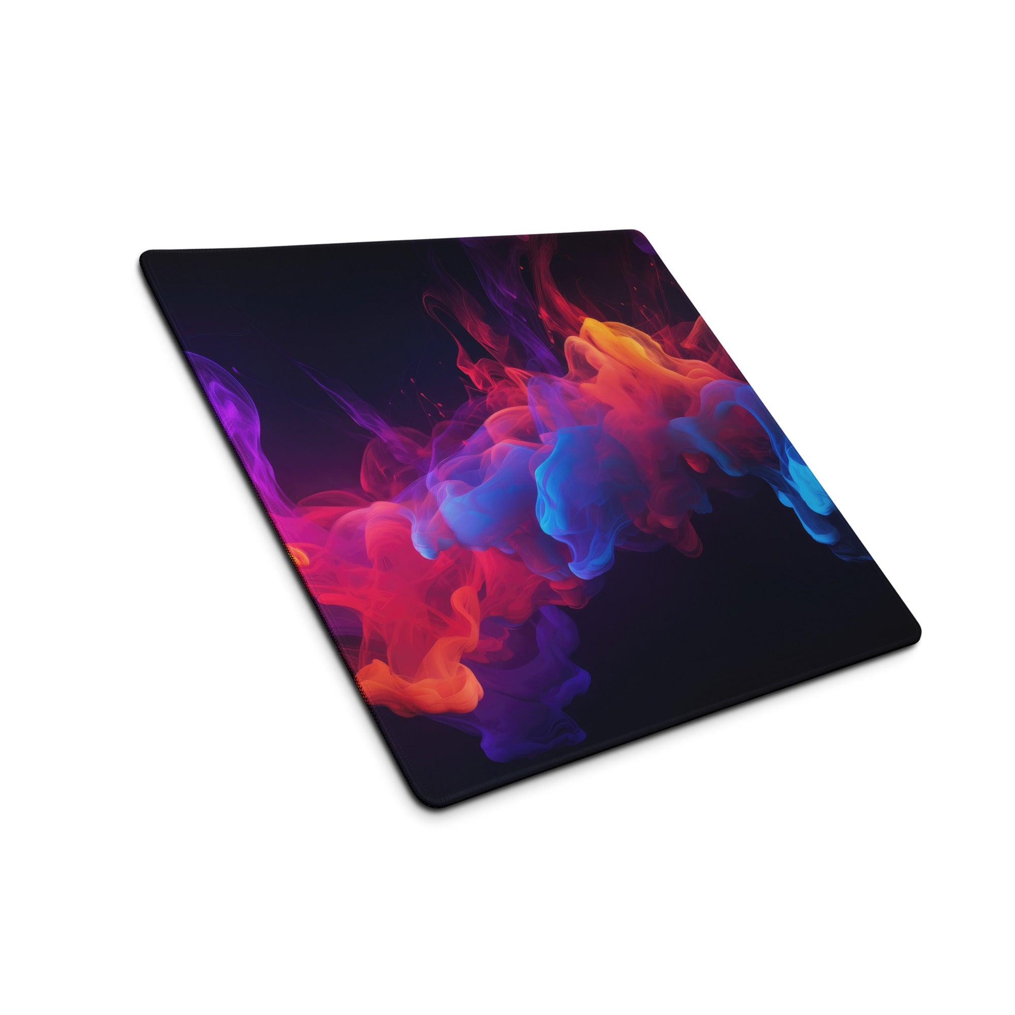 Vibrant abstract smoke art rainbow swirl gaming mouse pad in neon pink orange blue
