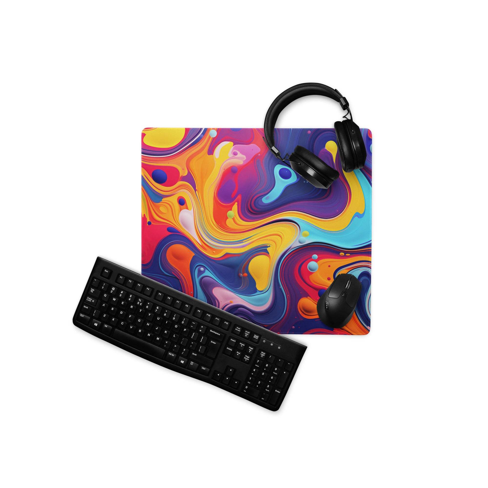Vibrant abstract swirl large gaming mouse pad in orange, purple, blue, yellow with non-slip base