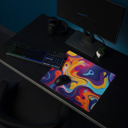 Vibrant abstract swirls in orange purple blue yellow on large gaming mouse pad
