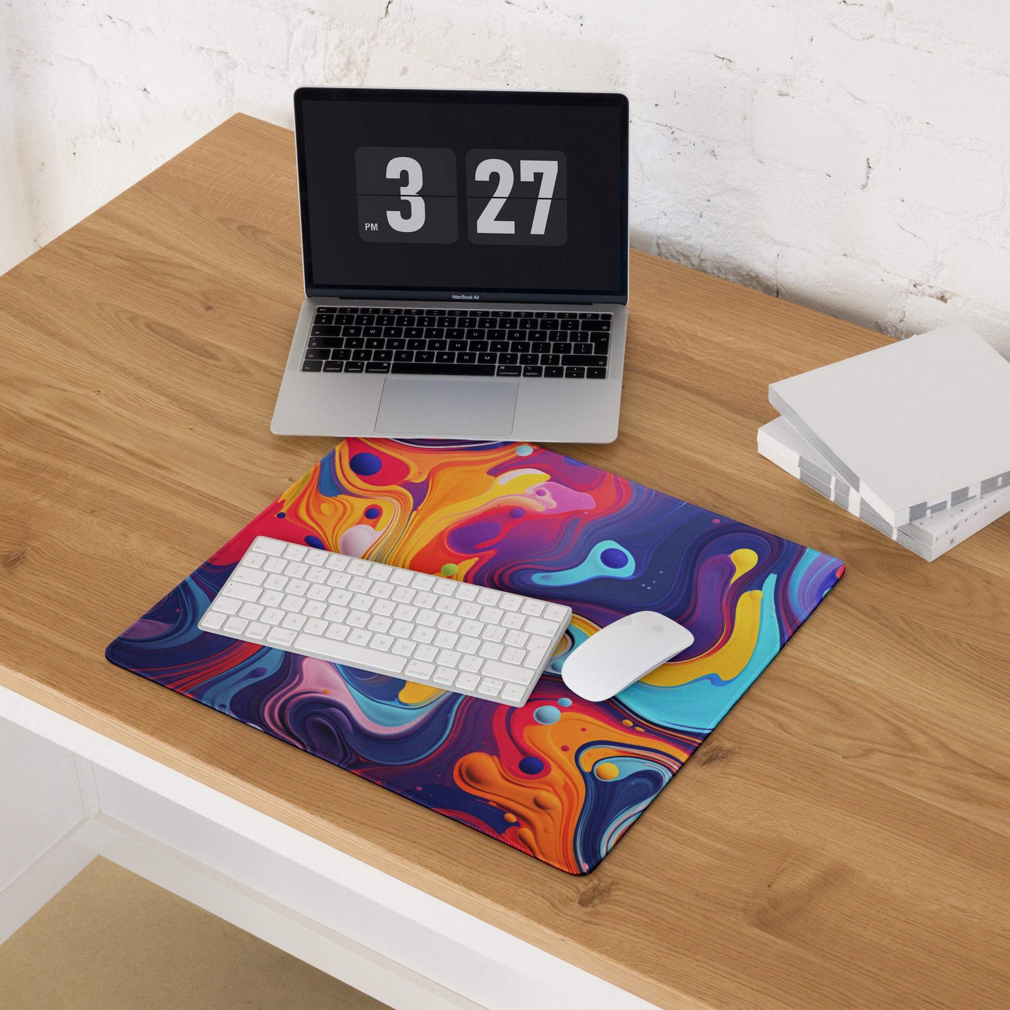 Vibrant abstract swirl large gaming mouse pad in orange, purple, blue, yellow