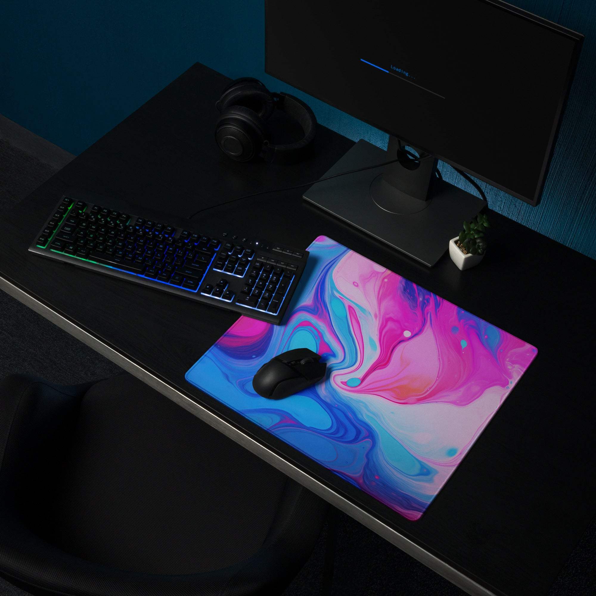 Vibrant pink blue white marble swirl ultra wide gaming mouse pad