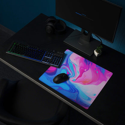 Vibrant pink blue white marble swirl ultra wide gaming mouse pad