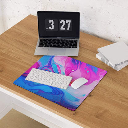 Vibrant pink blue marbled ultra wide gaming mouse pad with non-slip base
