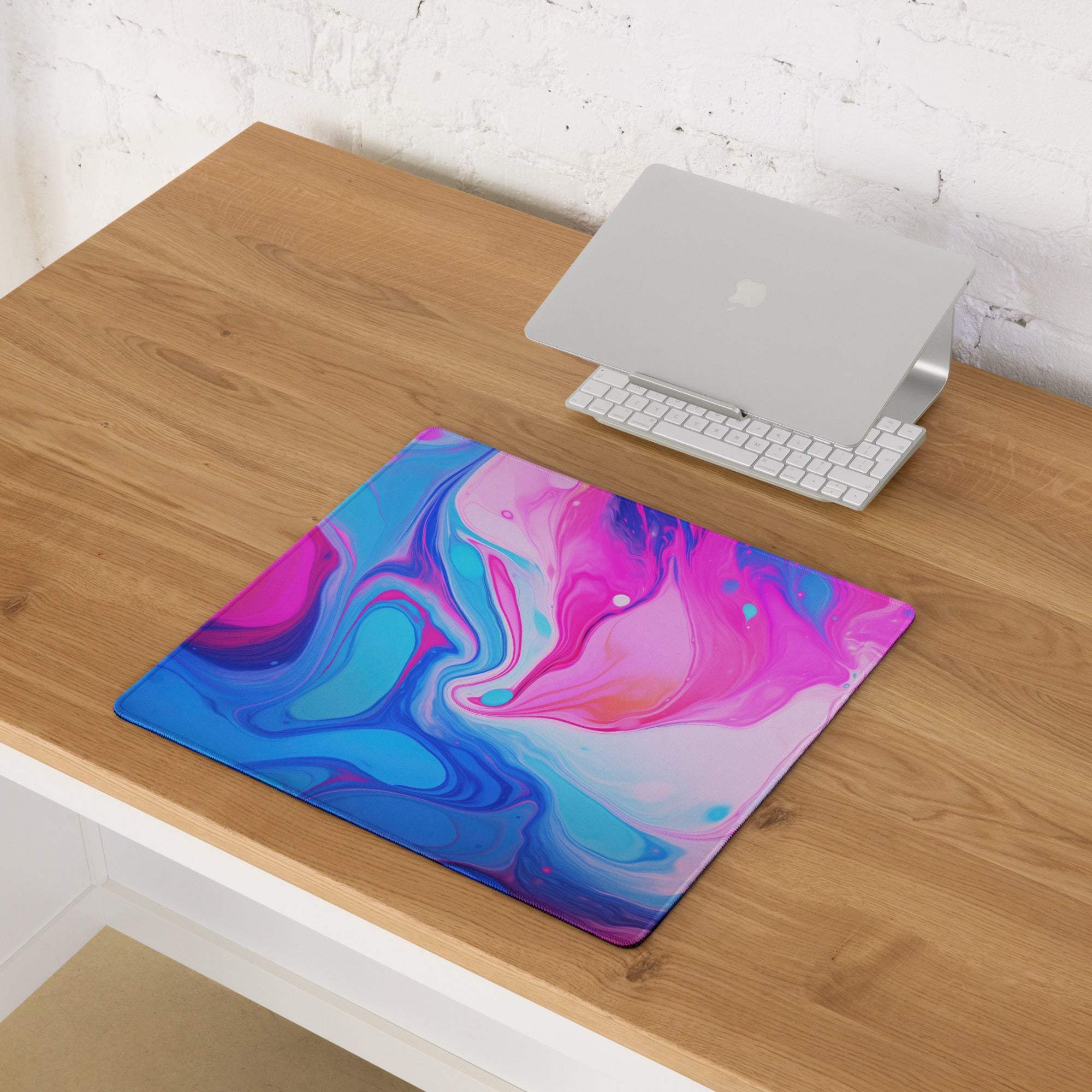 Vibrant pink blue teal marble swirl ultra wide gaming mouse pad
