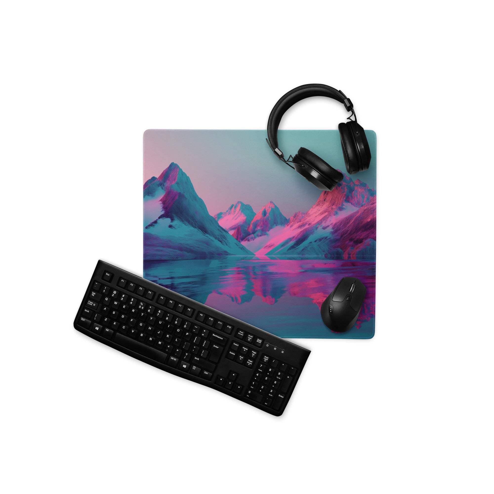 Neon pink purple mountain landscape gaming mouse pad, large non-slip stitched