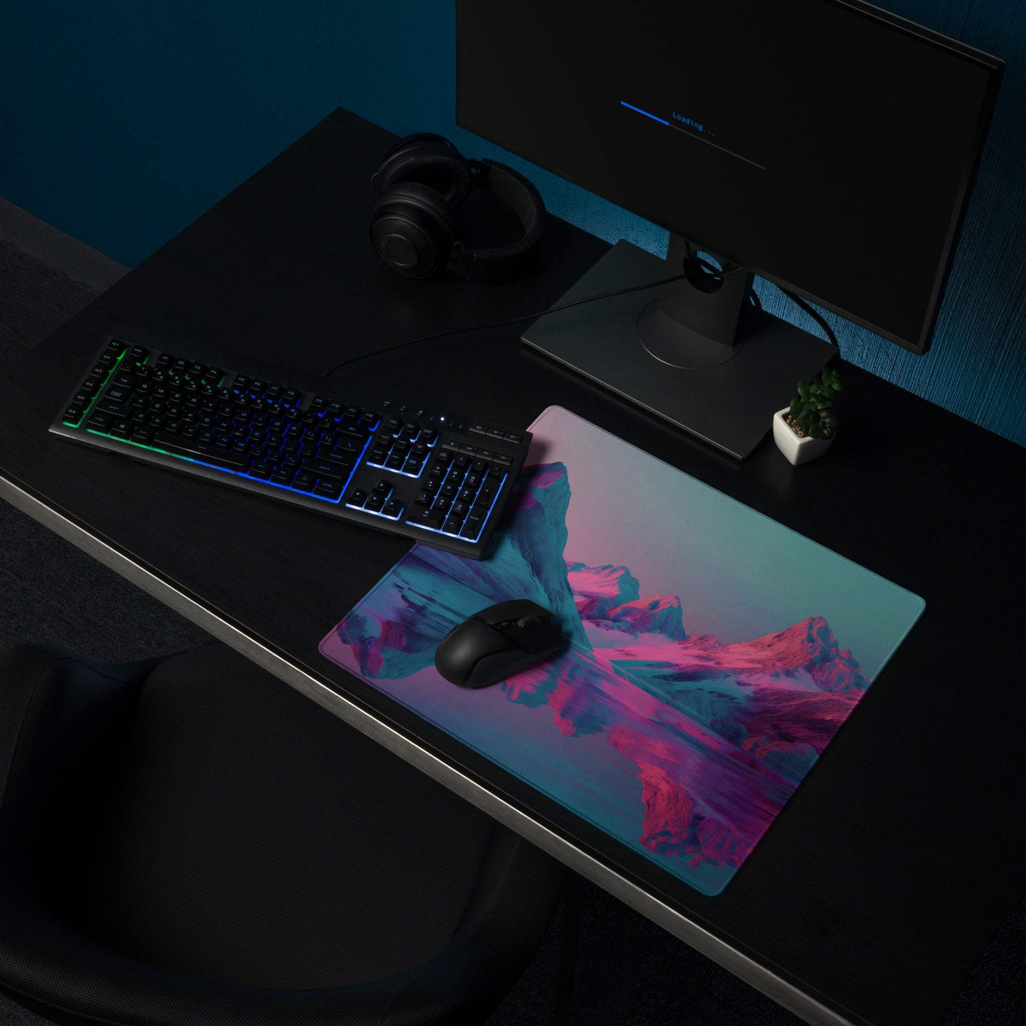 Neon pink purple mountain landscape gaming mouse pad, large non-slip stitched