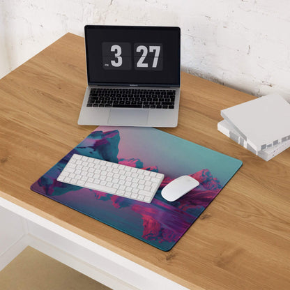 Neon pink purple mountain landscape gaming mouse pad, large non-slip stitched design
