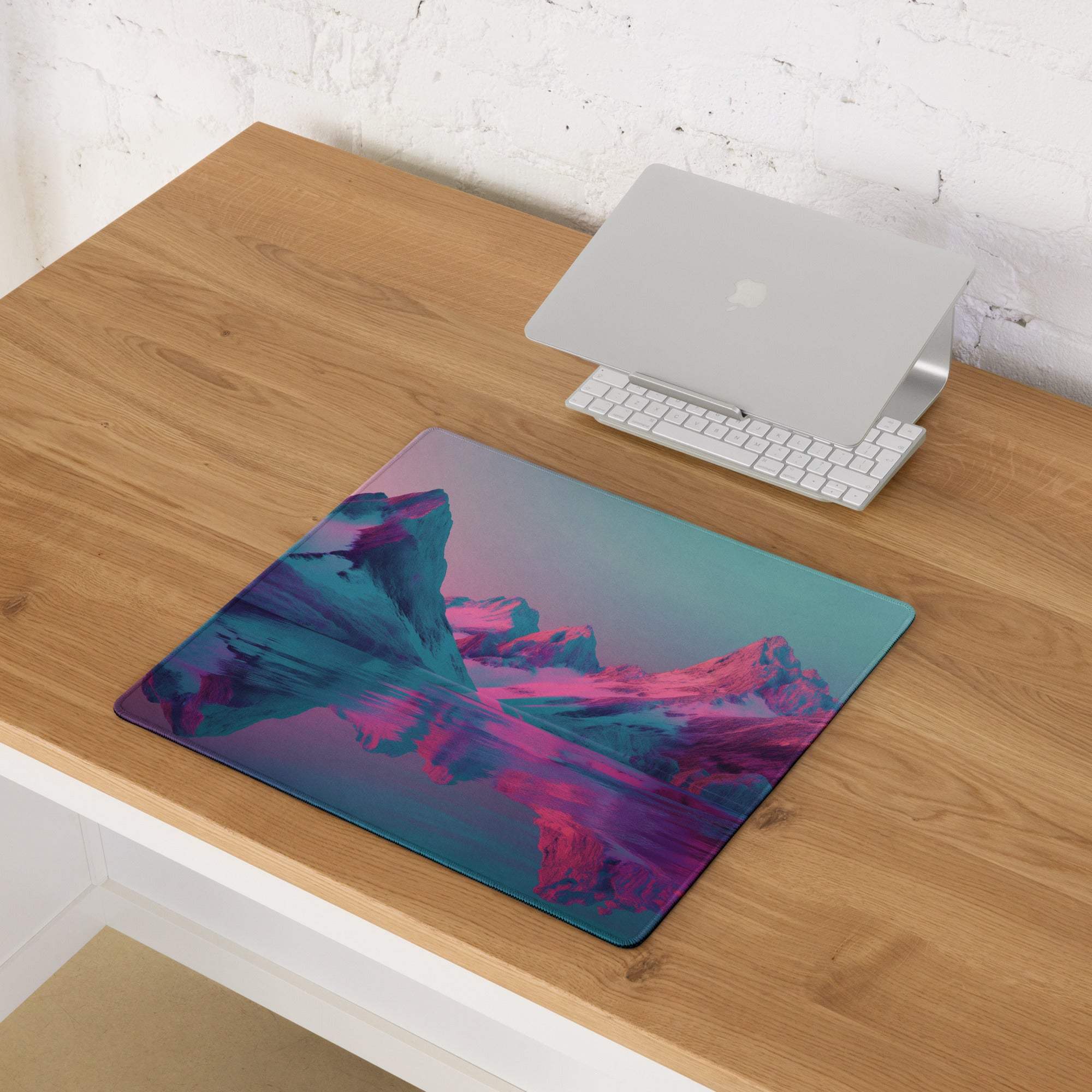 Neon pink purple mountain gaming mouse pad, teal magenta design, non-slip base