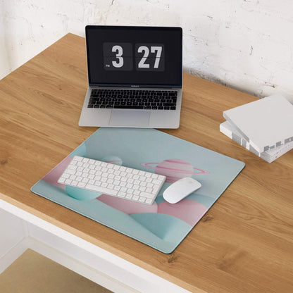 Pastel planet scene gaming mouse pad in pink teal hues with non-slip base stitching